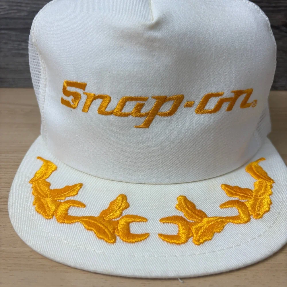VINTAGE Snap On‎ Hat Cap Snap Back White Yellow Tools Trucker Mesh K Prodcuts